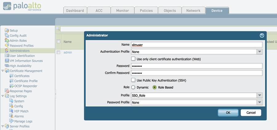 Create a XML user in the PanOS