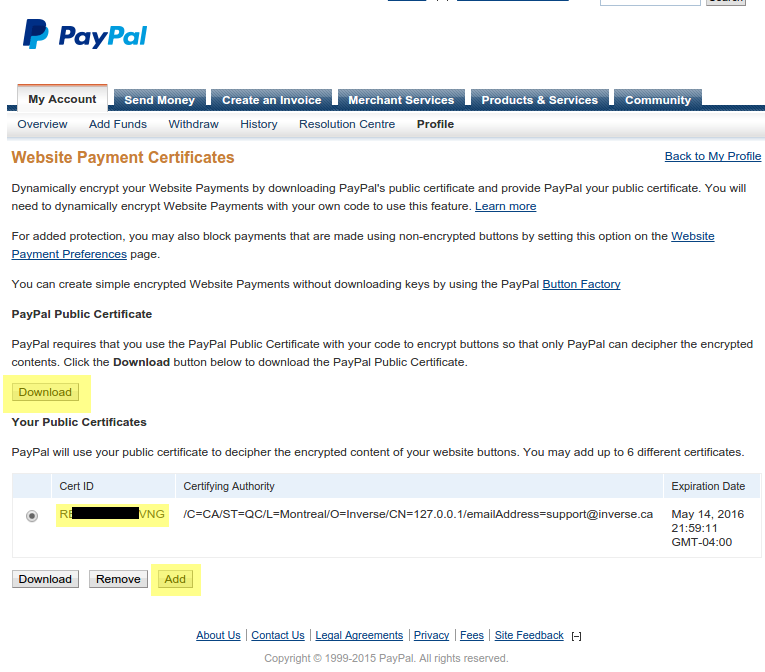 Paypal encrypted payment settings