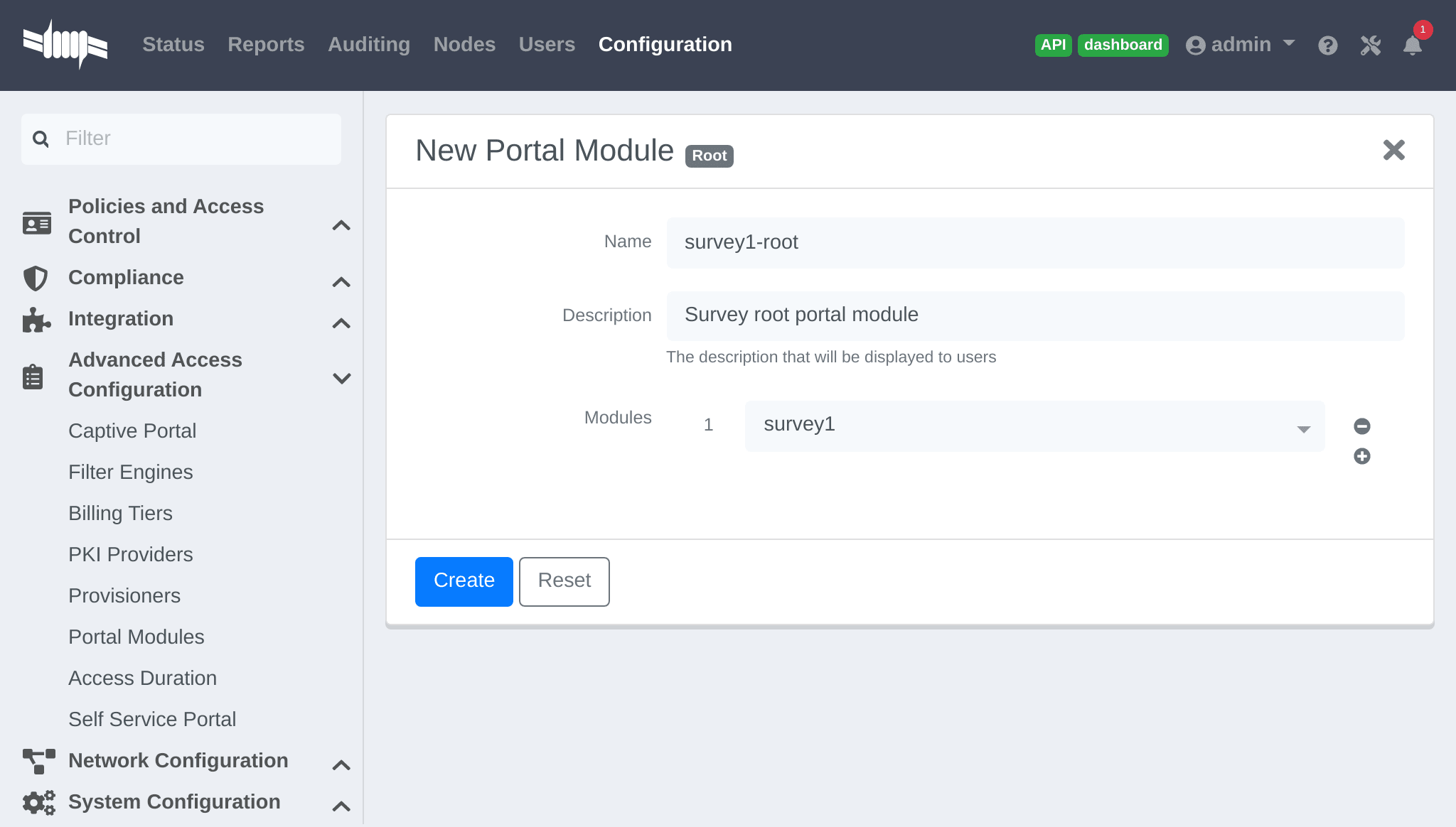 Survey root portal module configuration