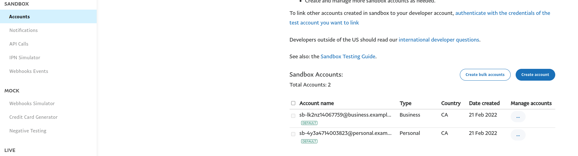 Paypal access sandbox accounts