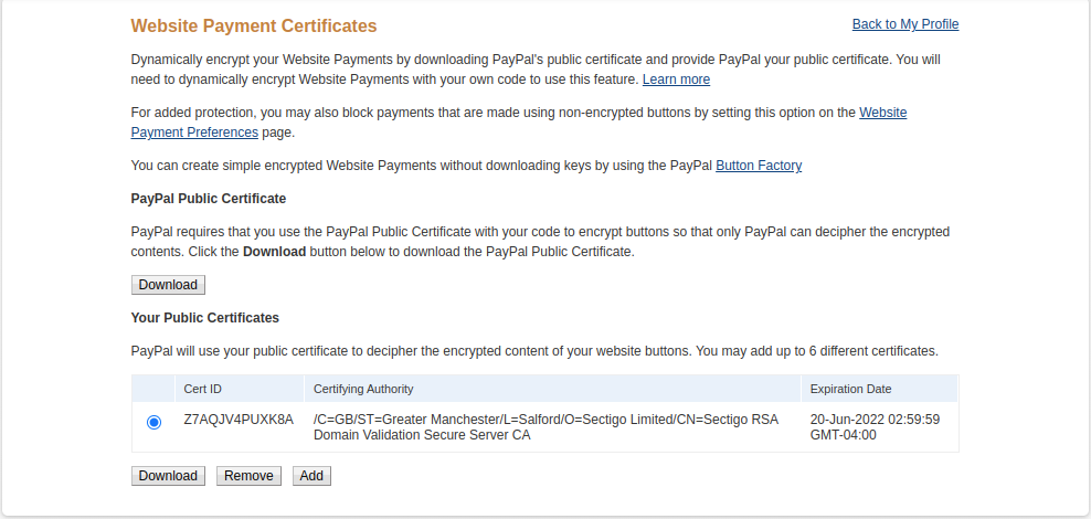 Paypal encrypted payment settings