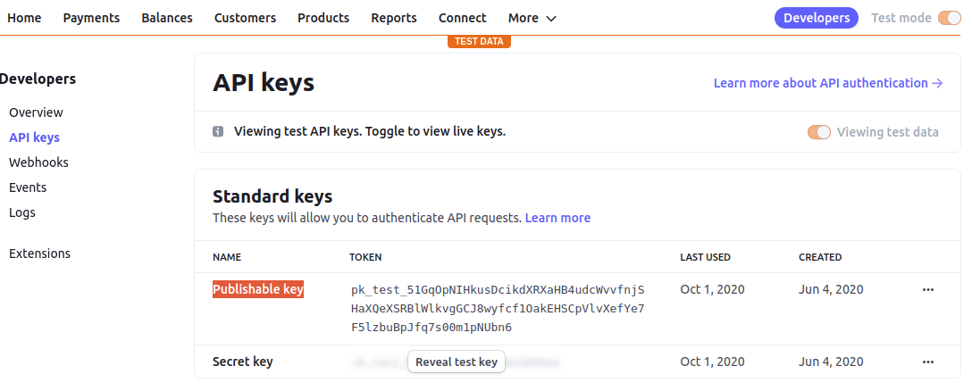 Stripe API keys