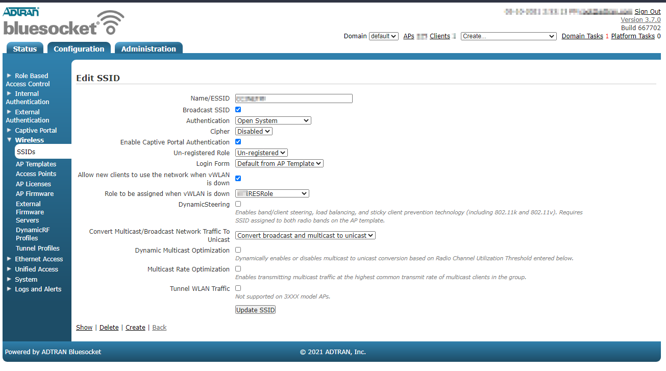 Bluesocket open ssid