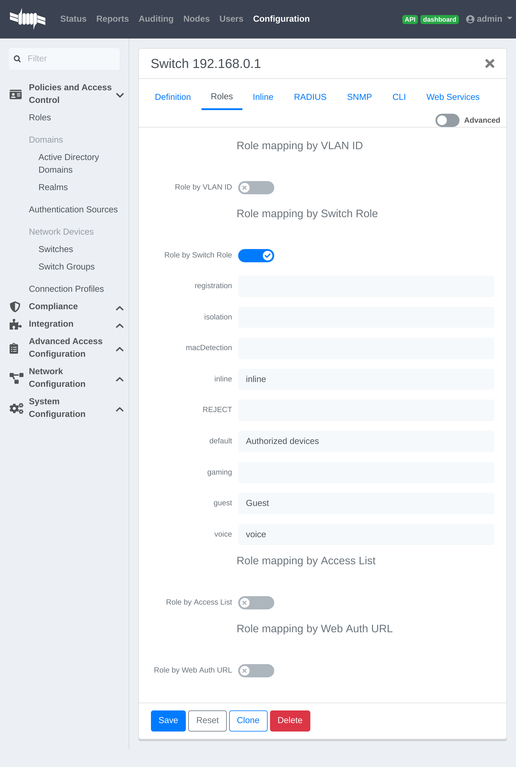 PacketFence role configuration